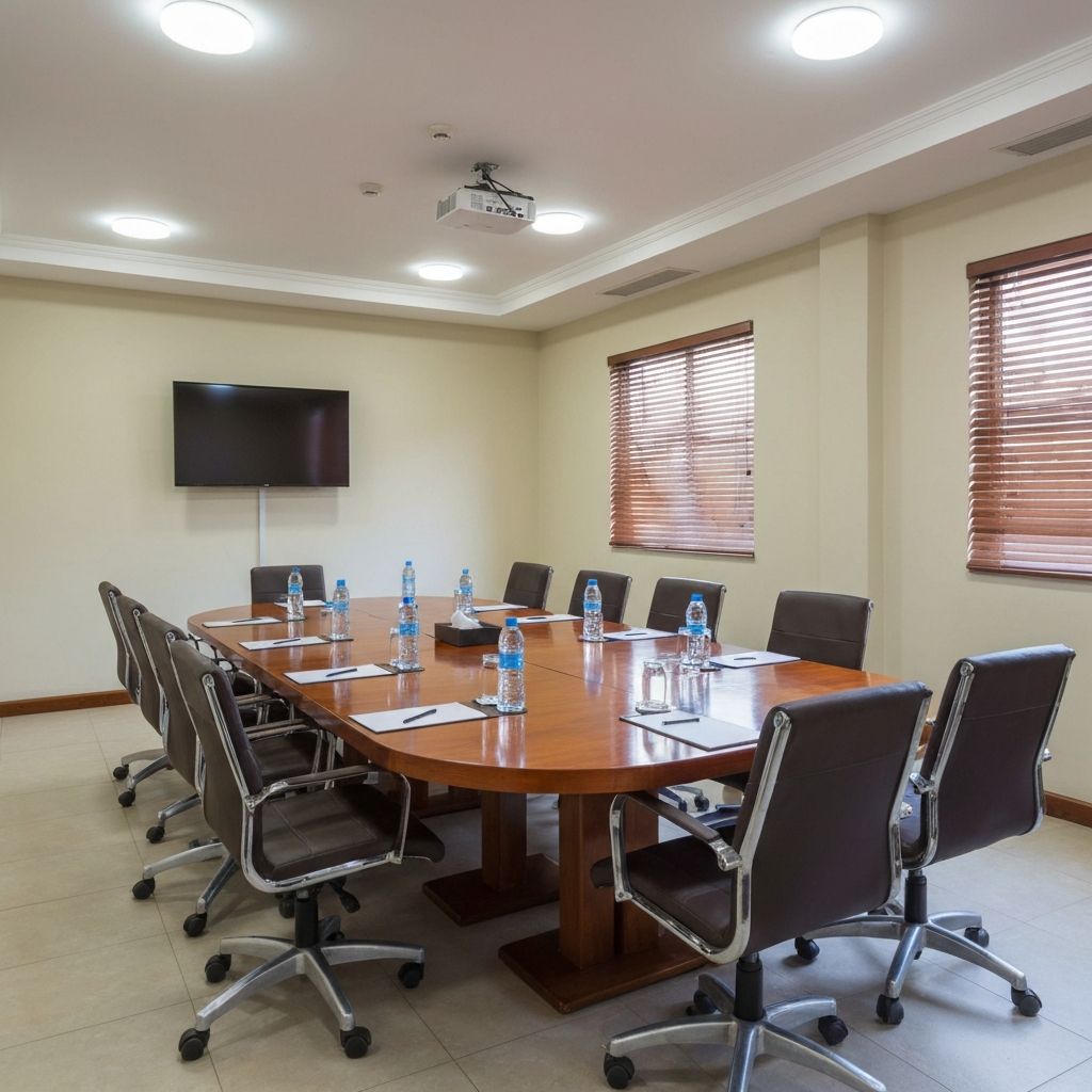 Hotel boardroom with professionals in a meeting