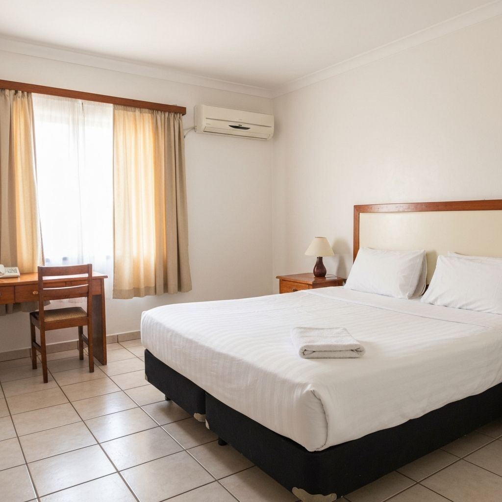 Clean hotel room with double bed and desk